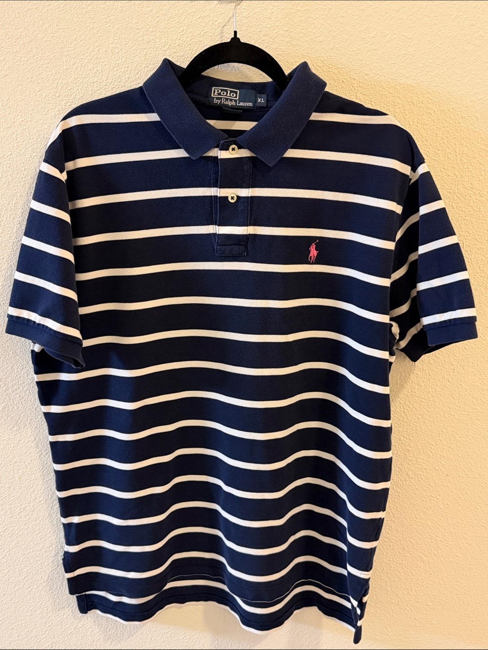 Polo Ralph Lauren Men’s XL Navy Cream Striped Polo Shirt Pink Pony 100% Cotton